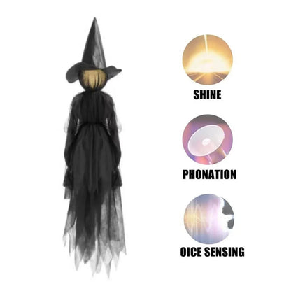 Life-size sound-activated screaming Halloween witches with glowing LED faces for yard display
