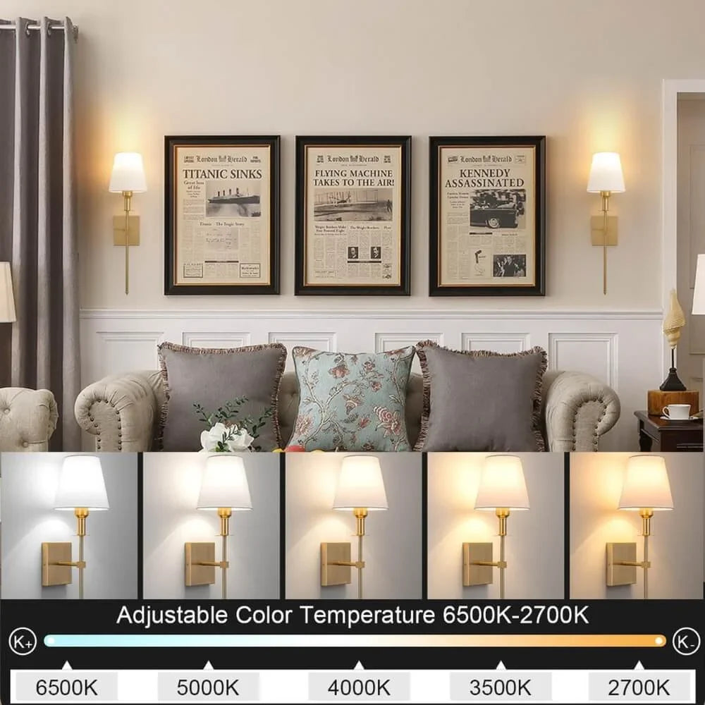 Rechargeable wireless wall light with metal accents, mounted on a wall in a living room, for renters