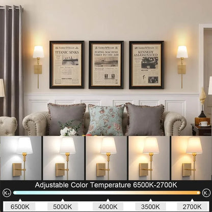 Rechargeable wireless wall sconce with metal and cloth shade, mounted on a wall in a living room, no cords visible