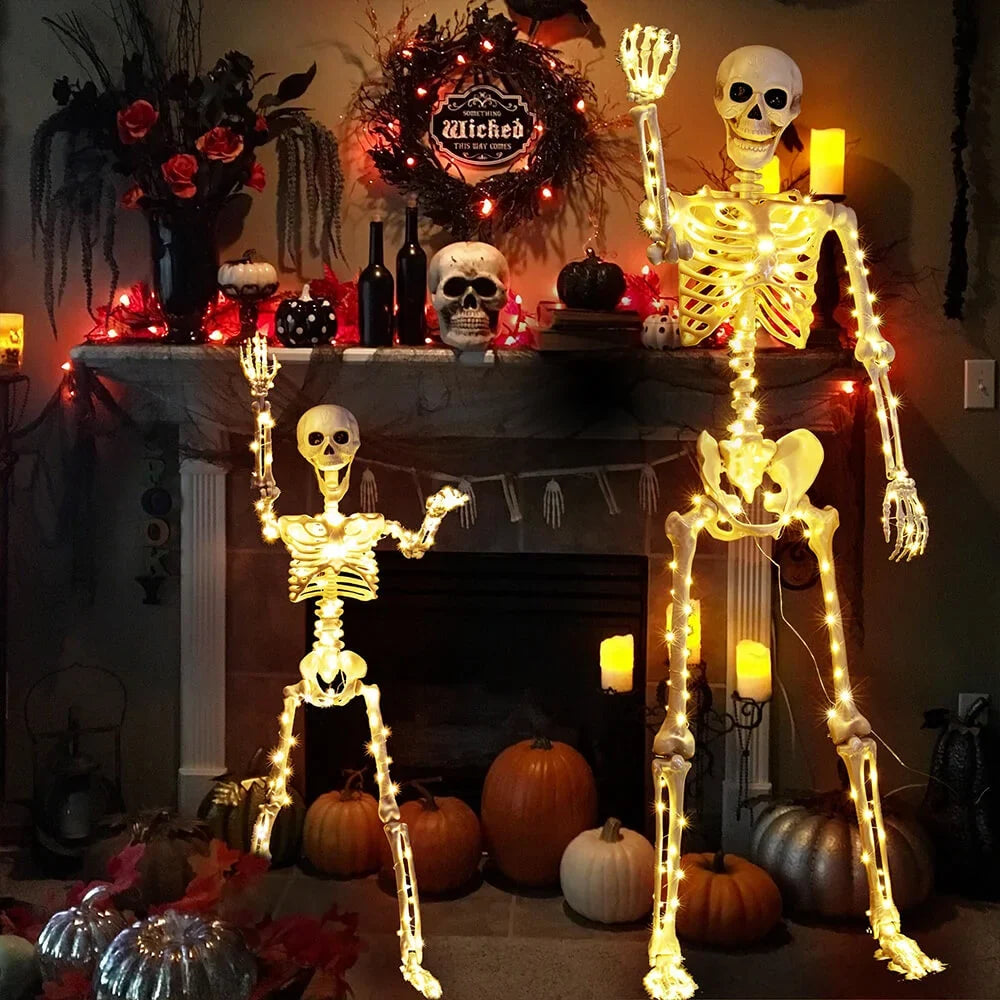 Fully adjustable poseable Halloween skeleton in bone-like colors standing in a spooky pose
