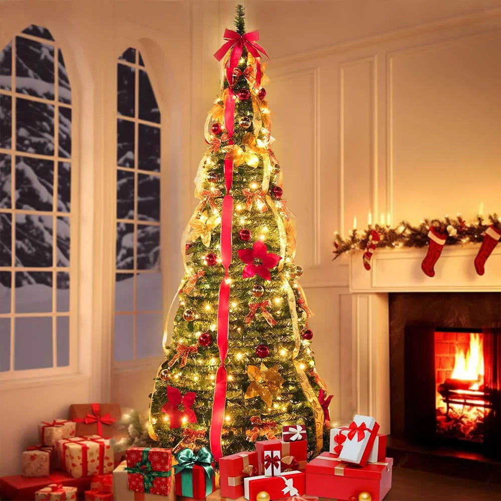 Fully decorated pop-up red Christmas tree with lights and ornaments for busy families