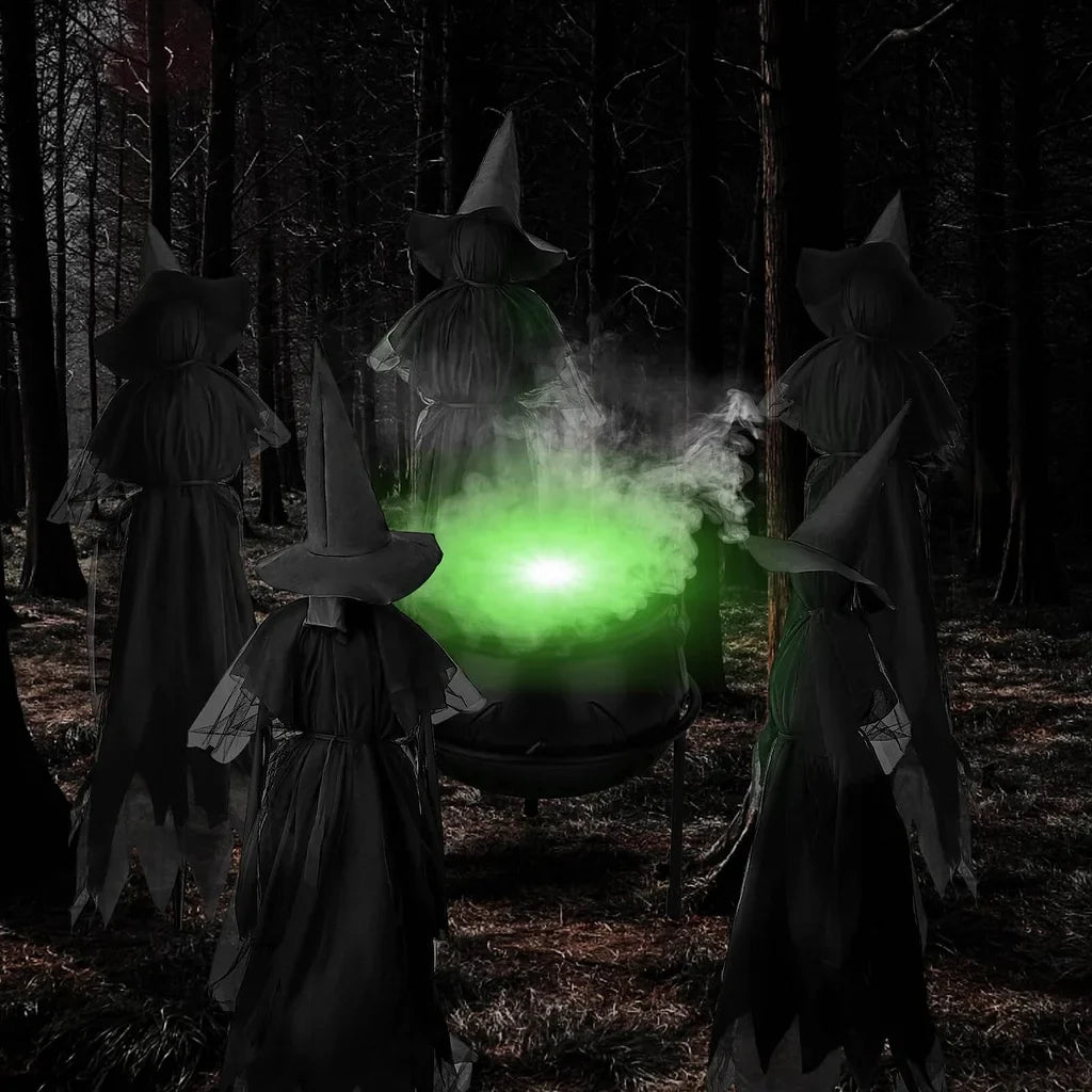 Life-size sound-activated screaming Halloween witches with glowing LED faces for yard display