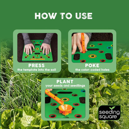 Square foot garden seed spacing template on a raised bed for beginners
