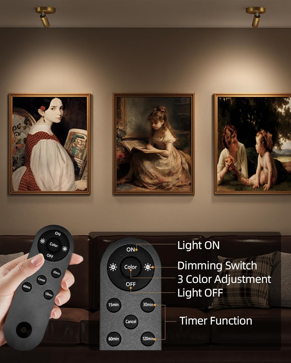 Wireless rechargeable picture light illuminating artwork on a wall, no cords visible