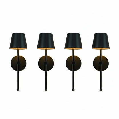 Set of two cordless wall sconces with metal body and fabric shade, mounted on a wall in a modern living room, ideal for renters