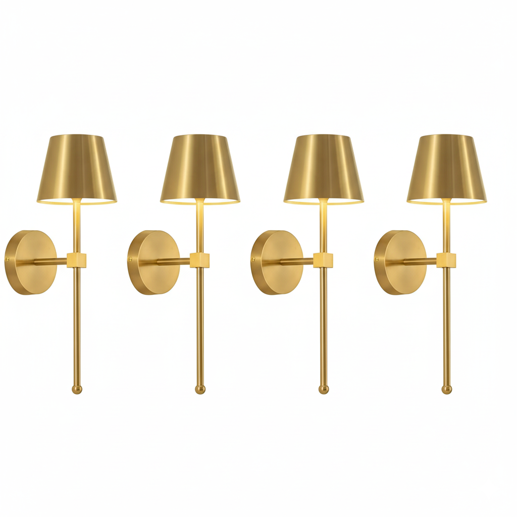 Set of two cordless wall sconces with metal body and fabric shade, mounted on a wall in a modern living room, ideal for renters