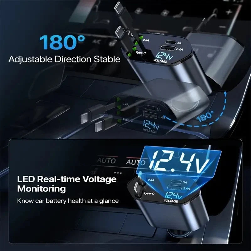 120W fast car charger with retractable cables for commuters