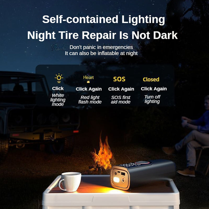 Portable tire inflator with digital display and LED light for emergency roadside use