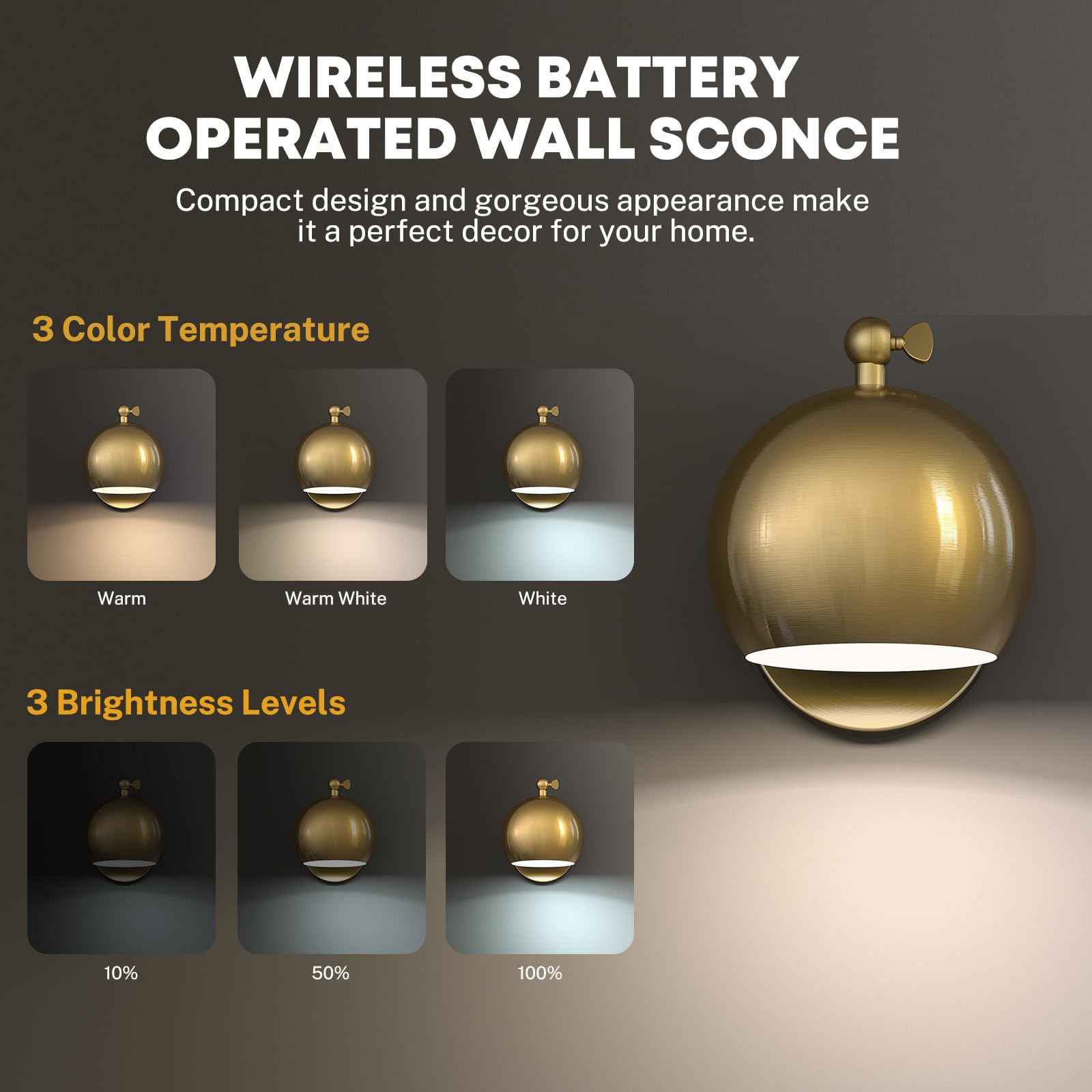 Gold farmhouse wireless wall sconces for renters, no wiring needed