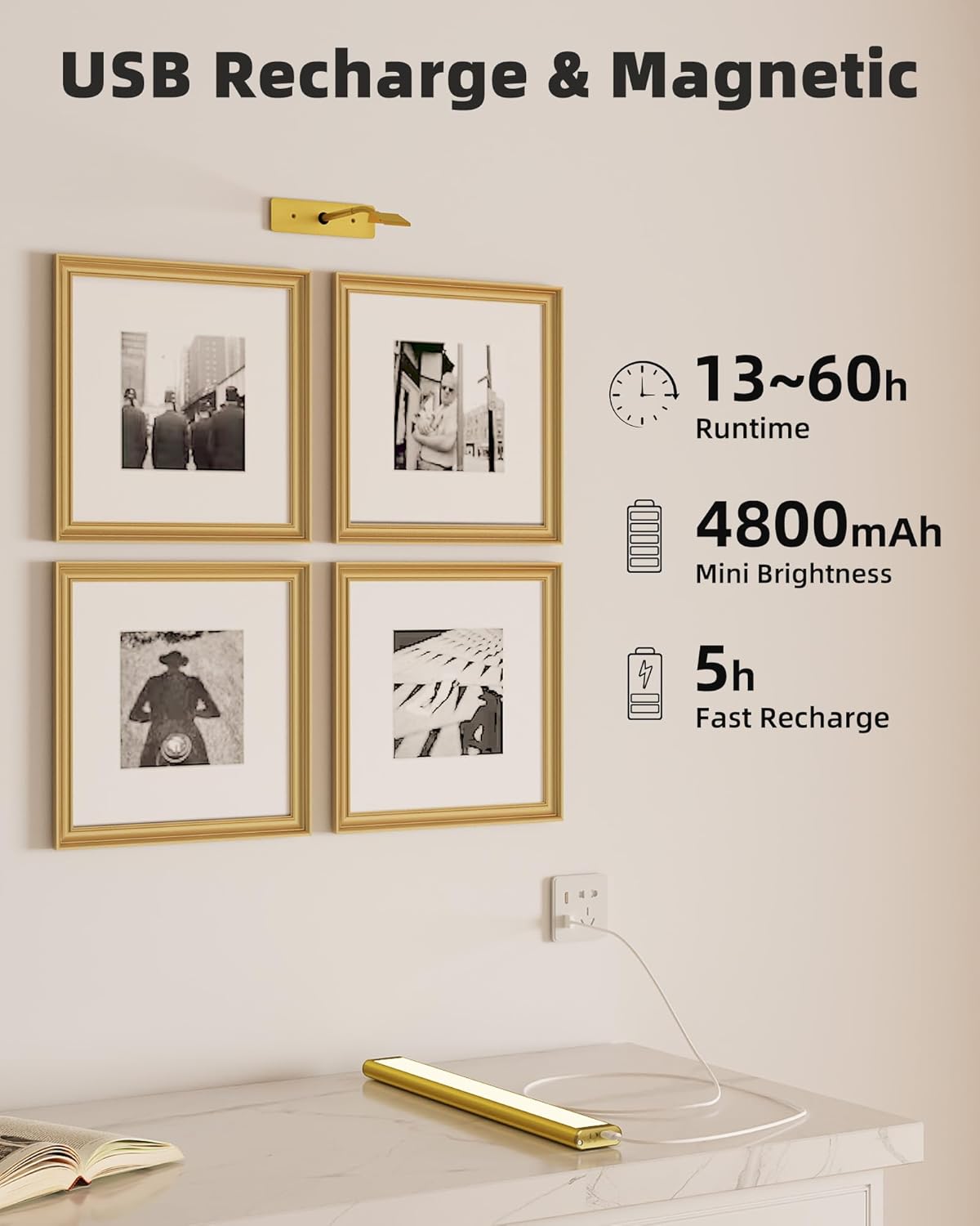 Wireless rechargeable picture light with magnetic mount for renters