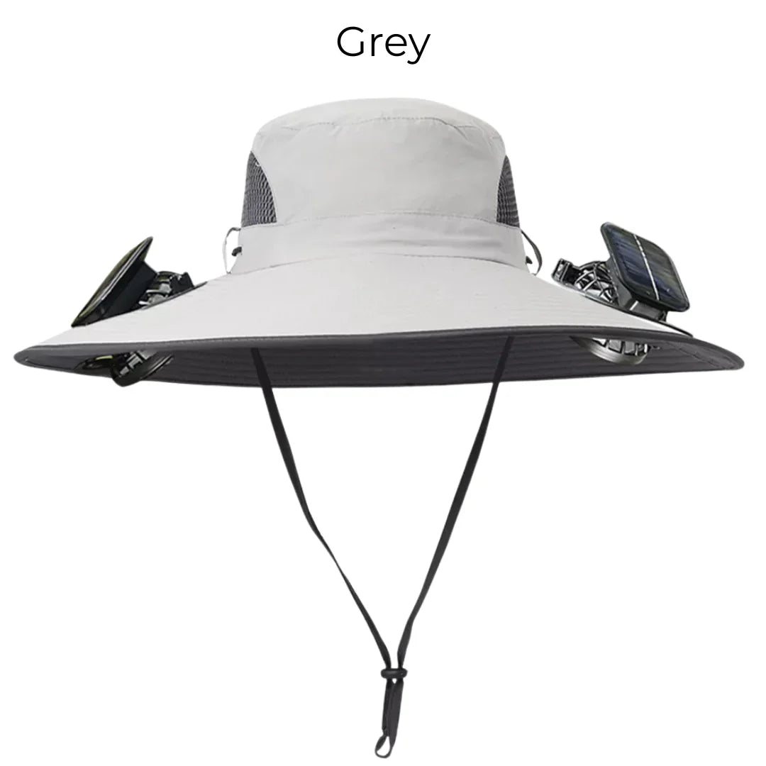 Solar powered fan hat with dual fans and wide brim for outdoor workers