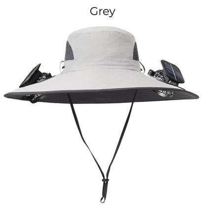 Solar powered fan hat with dual fans and wide brim for outdoor workers