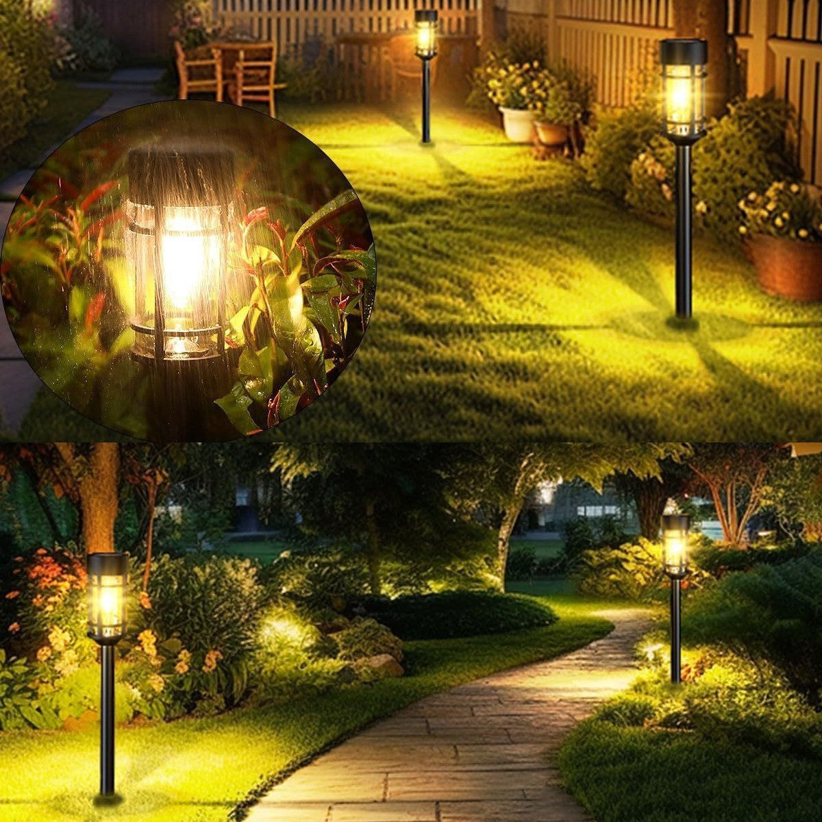 Decorative solar path light with tungsten wire for garden walkways