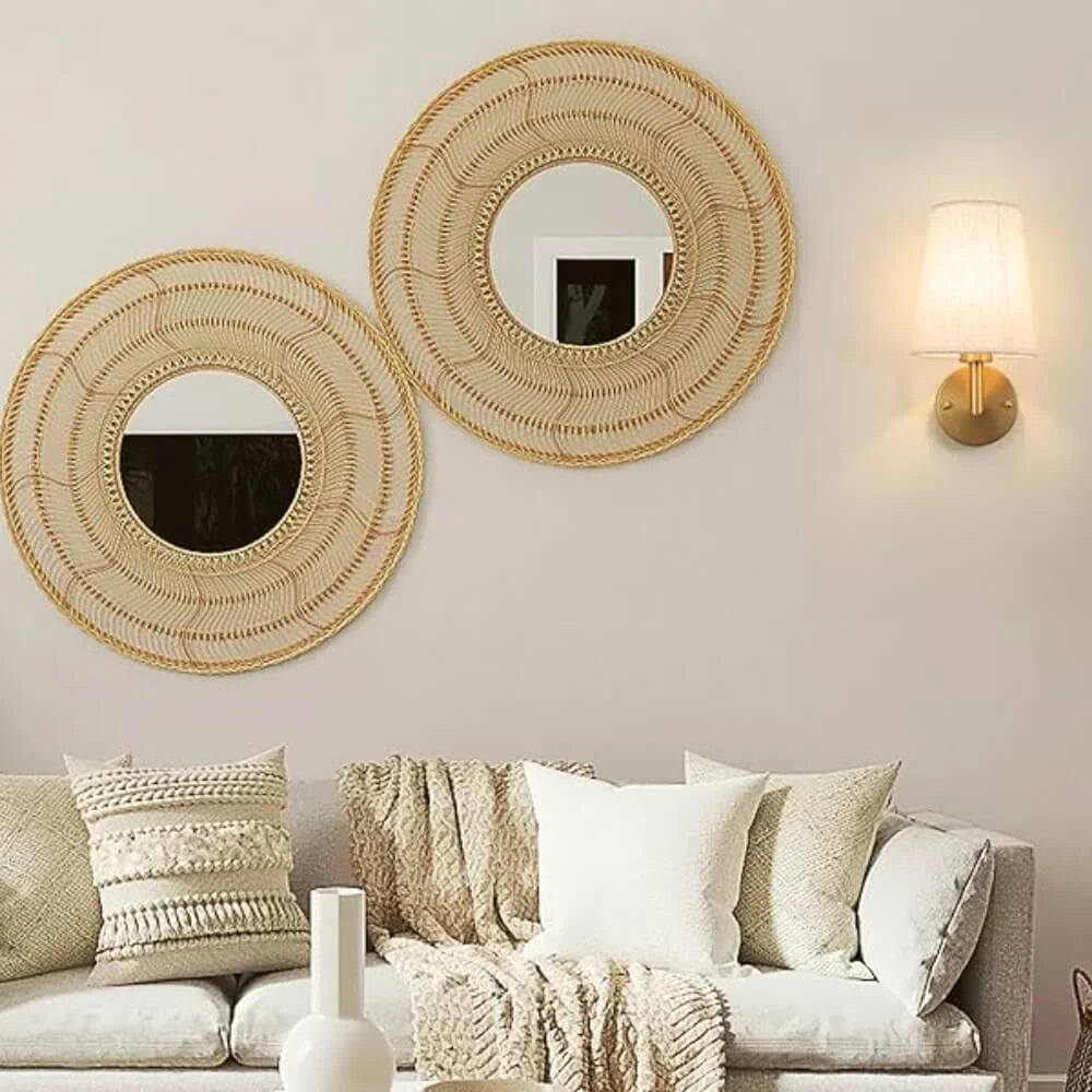 Wireless fabric wall sconce with metal accents, mounted on a wall, for renters