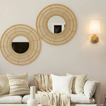 Wireless fabric wall sconce with metal accents, mounted on a wall, for renters