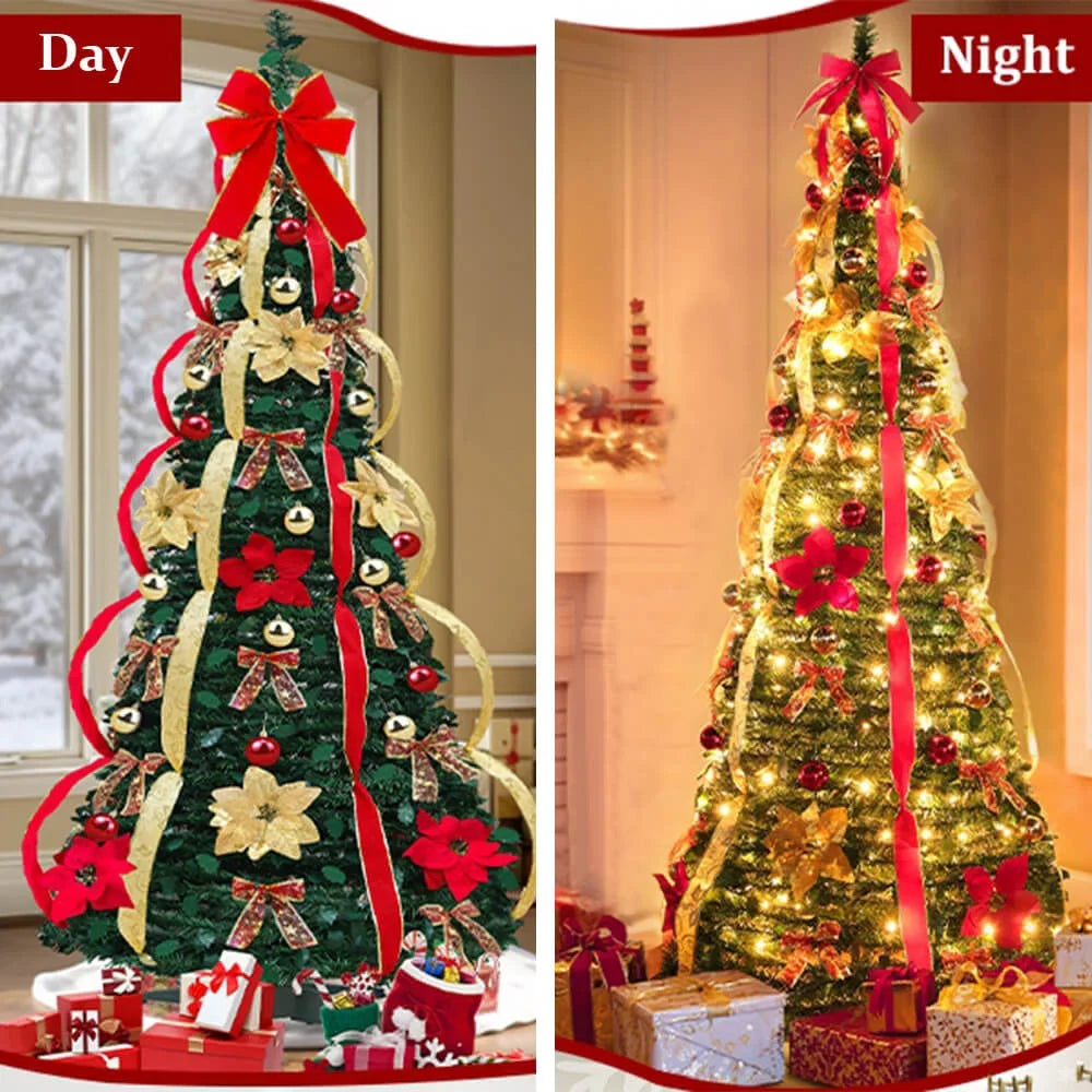 Fully decorated pop-up red Christmas tree with lights and ornaments for busy families