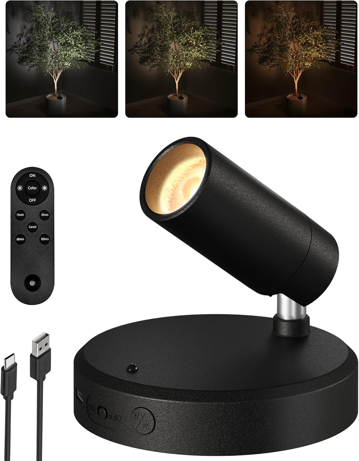 Wireless rechargeable picture light illuminating artwork on a wall, no cords visible