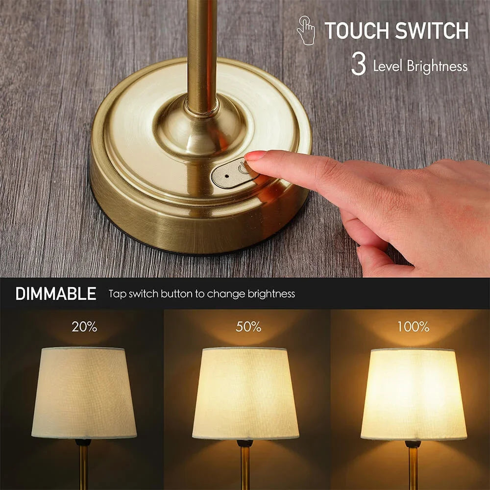 Cordless LED table lamp with fabric shade on a shelf in an apartment
