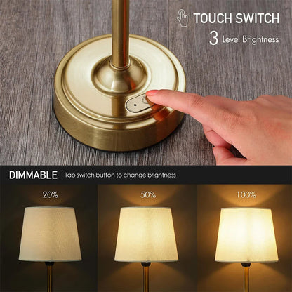 Cordless LED table lamp with fabric shade on a shelf in an apartment