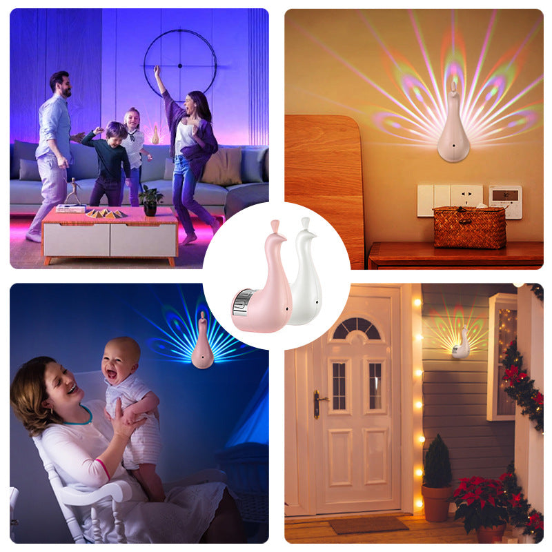 Peacock projection nightlight for kids with remote control, white and pink color options