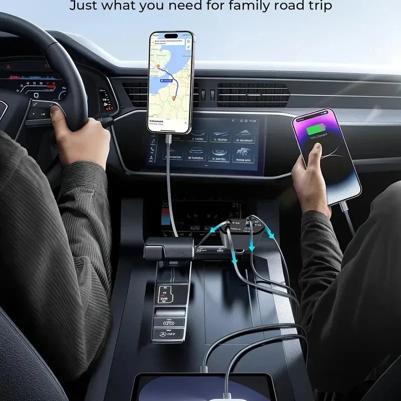 120W fast car charger with retractable cables for commuters