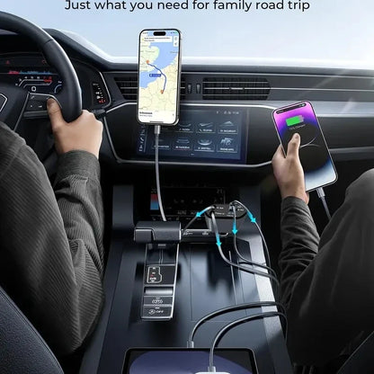 120W fast car charger with retractable cables for commuters