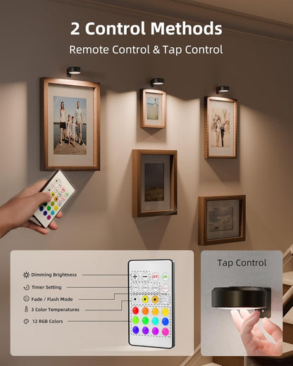 Wireless rechargeable picture light illuminating a framed photo on a wall