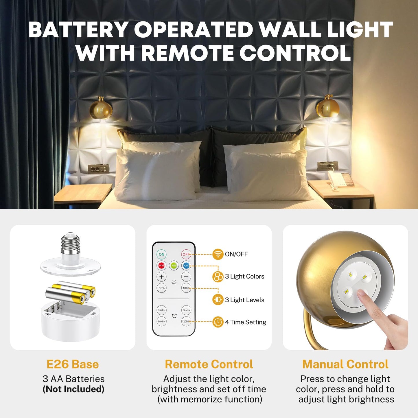 Gold farmhouse wireless wall sconces for renters, no wiring needed