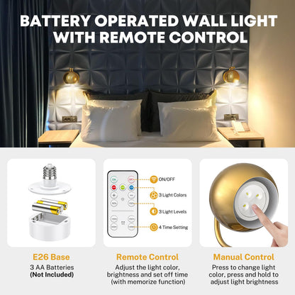 Gold farmhouse wireless wall sconces for renters, no wiring needed