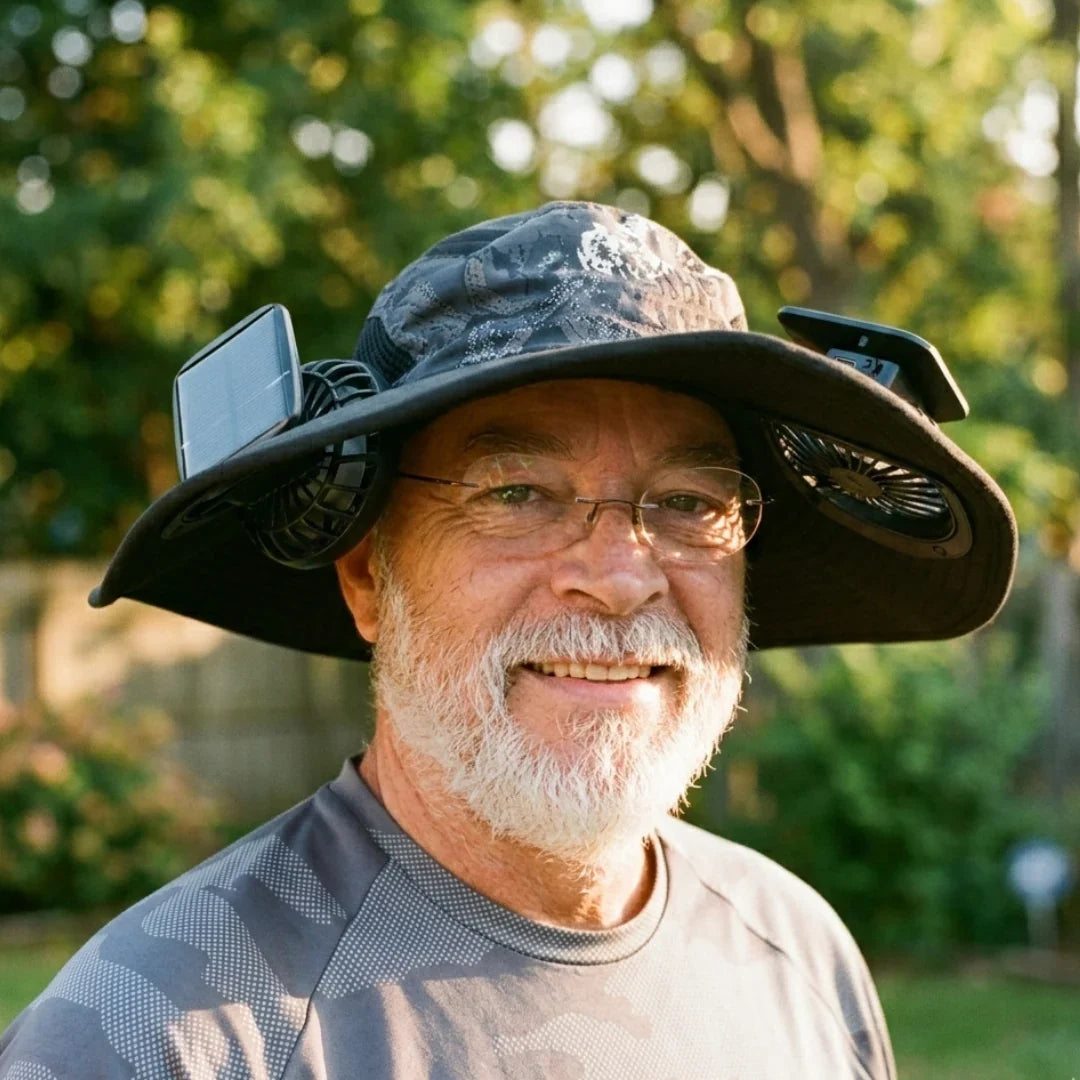 Solar powered fan hat with dual fans and wide brim for outdoor workers