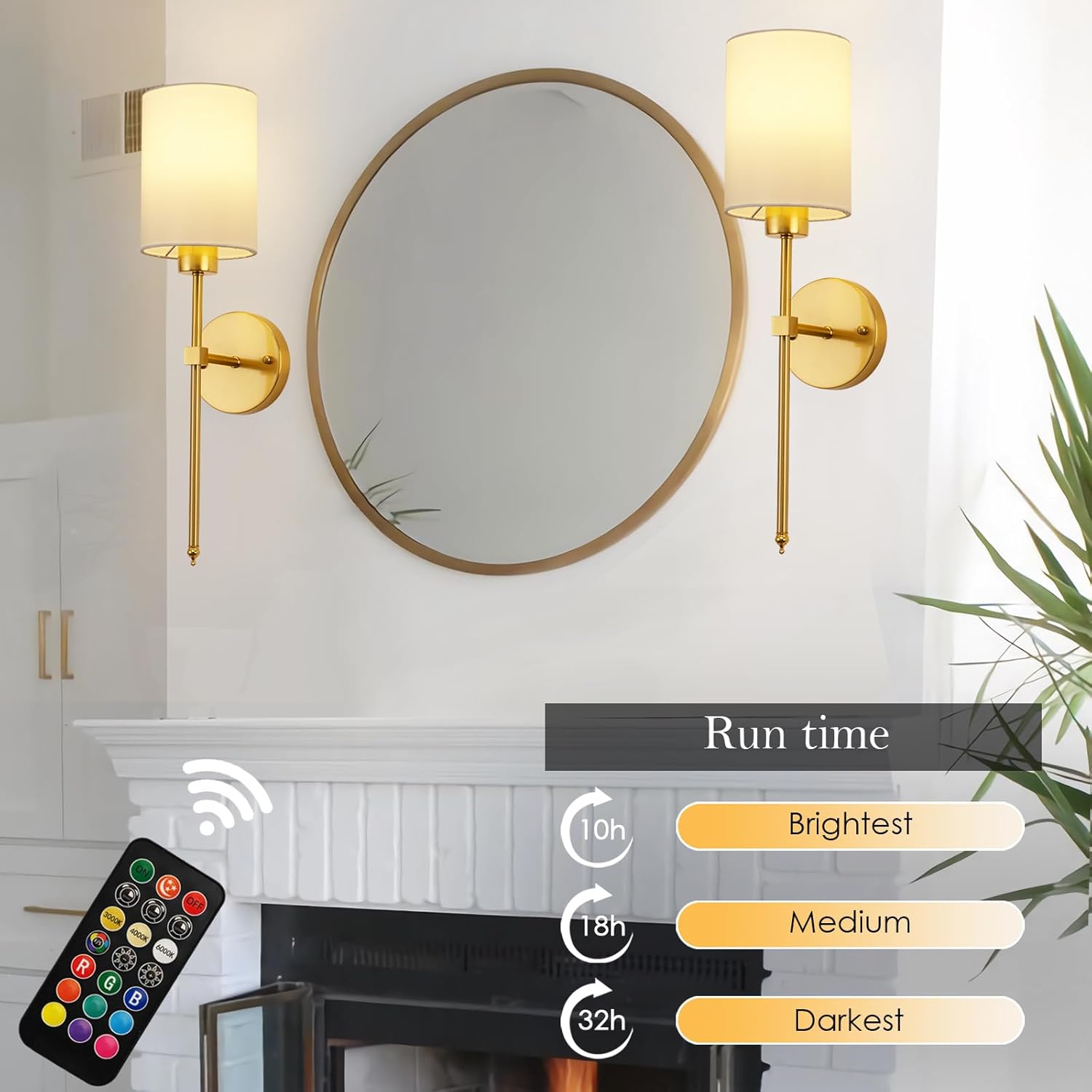 Battery-operated wireless wall sconce with remote control for renters