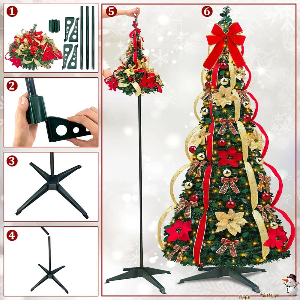 Fully decorated pop-up red Christmas tree with lights and ornaments for busy families