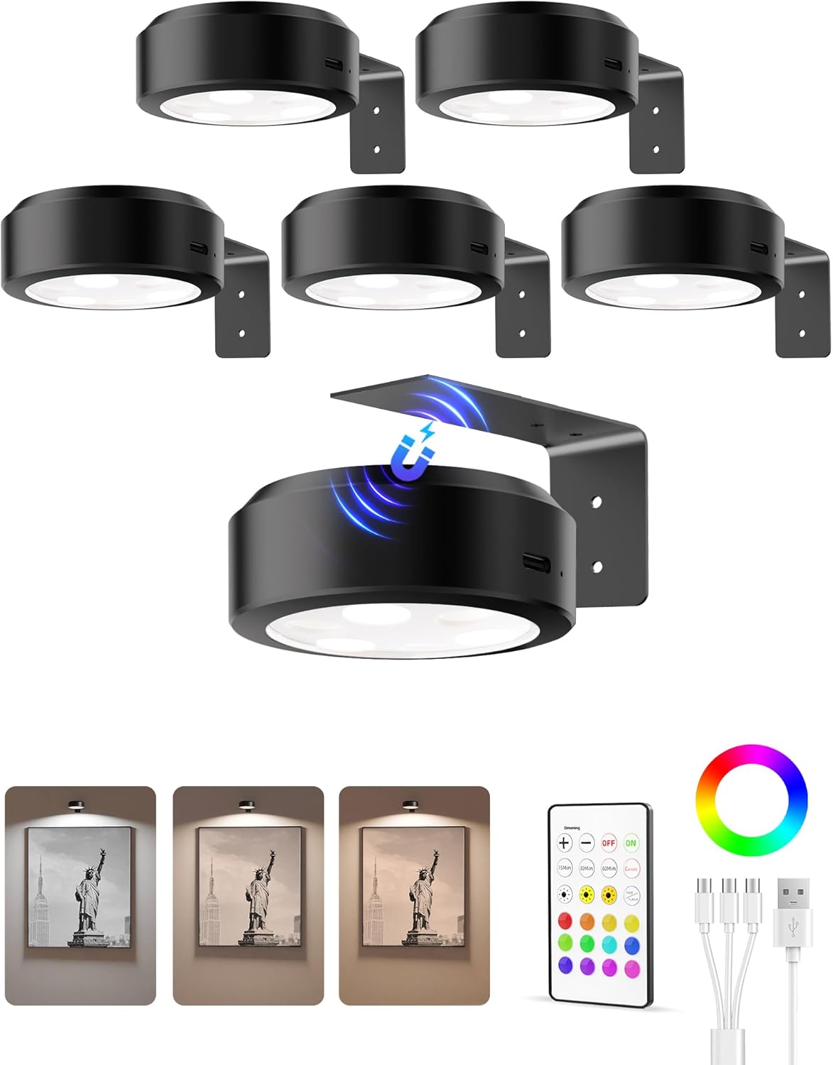 Wireless rechargeable picture light illuminating a framed photo on a wall