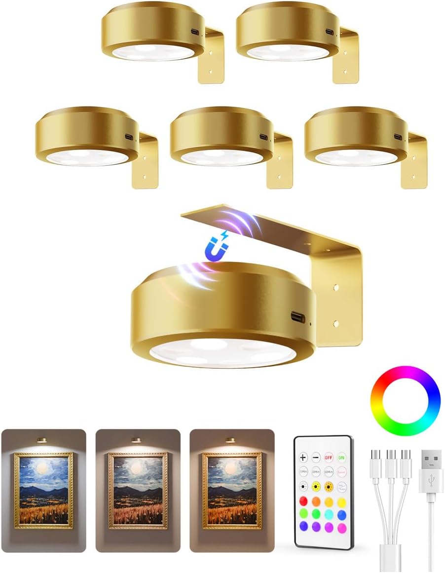 Wireless rechargeable picture light illuminating a framed photo on a wall