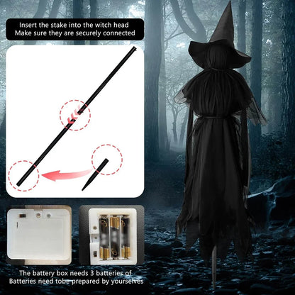 Life-size sound-activated screaming Halloween witches with glowing LED faces for yard display