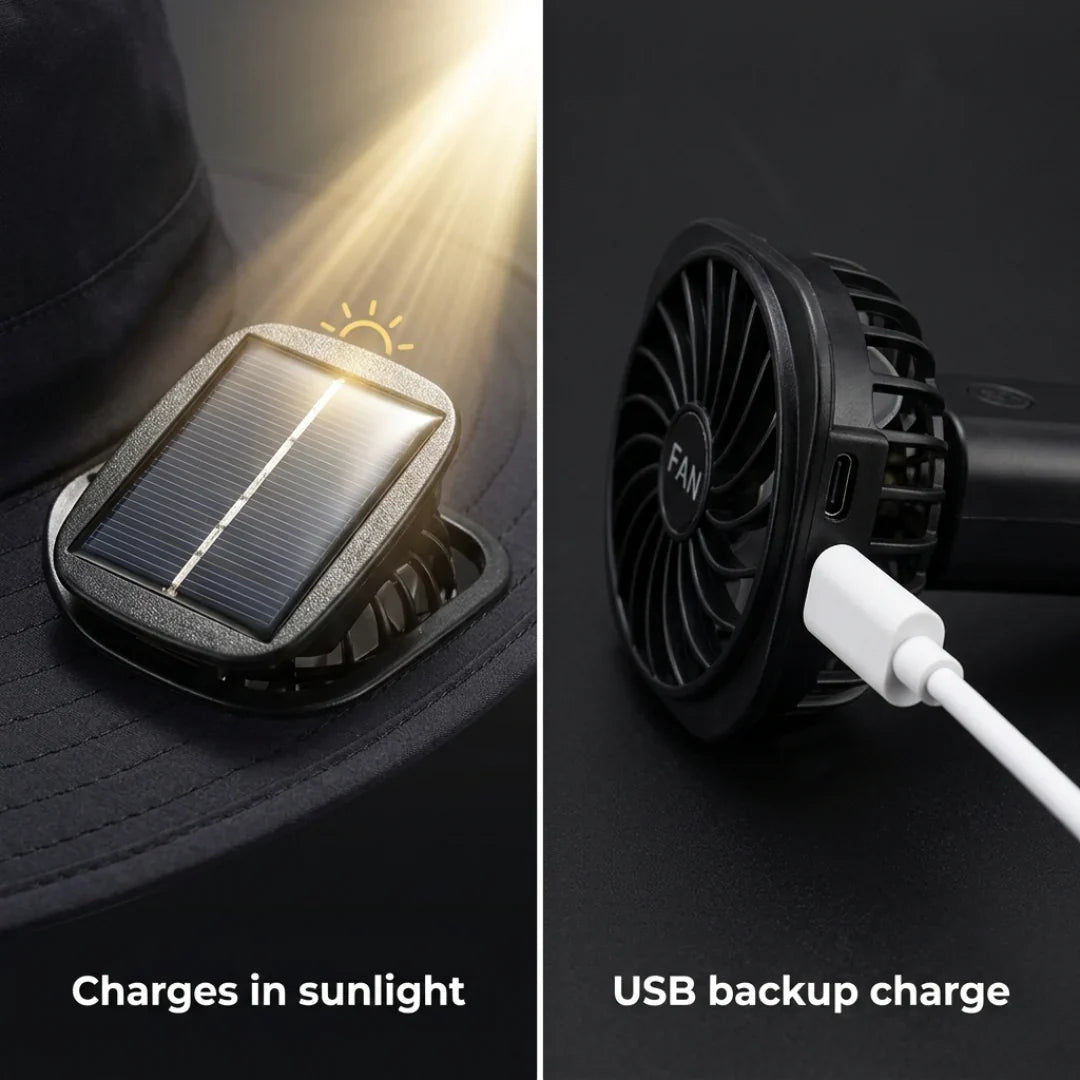 Solar powered fan hat with dual fans and wide brim for outdoor workers