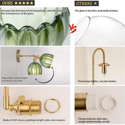 Vintage brass wall sconce set of two with glass shades for farmhouse decor