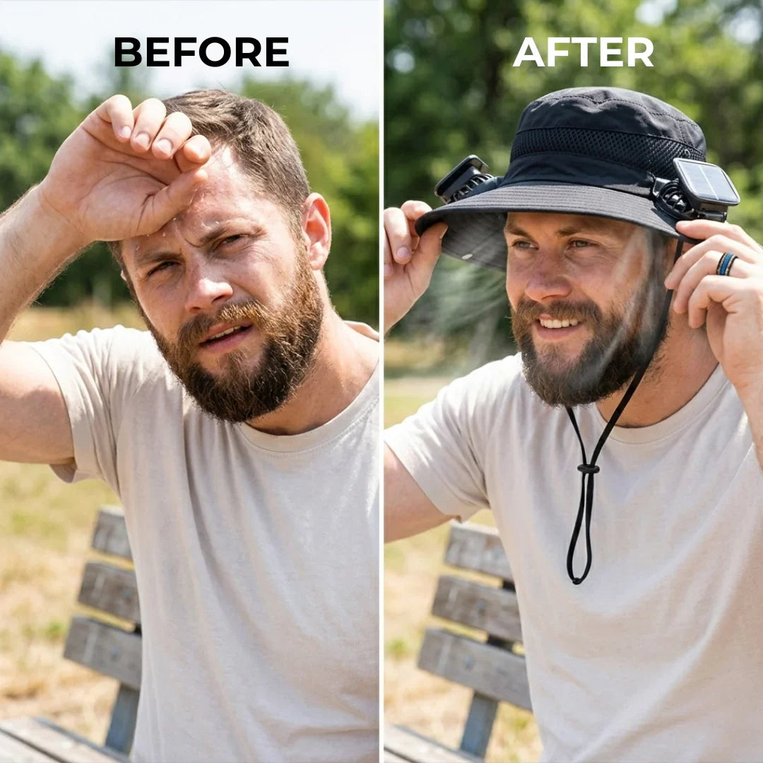 Solar powered fan hat with dual fans and wide brim for outdoor workers