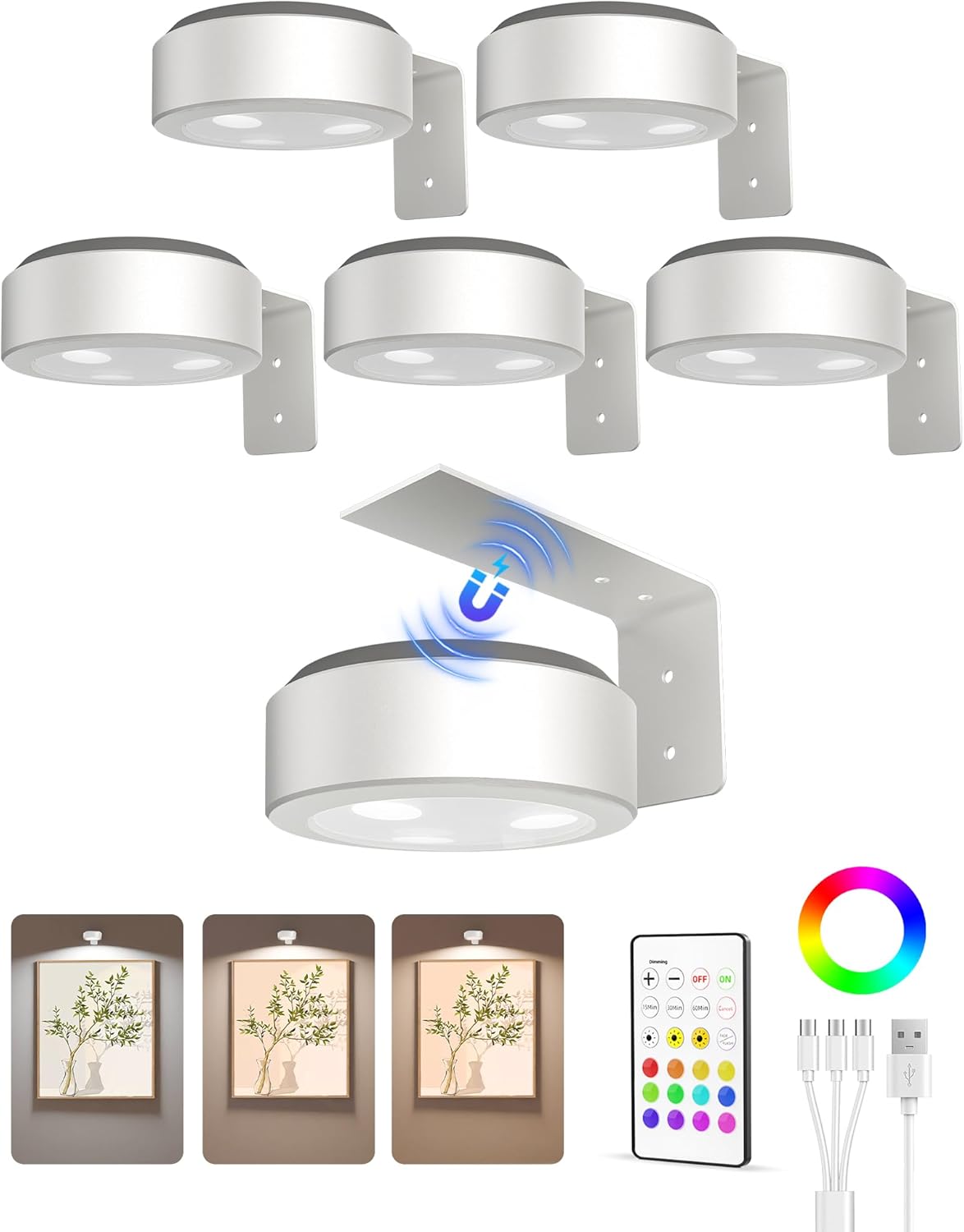 Wireless rechargeable picture light illuminating a framed photo on a wall