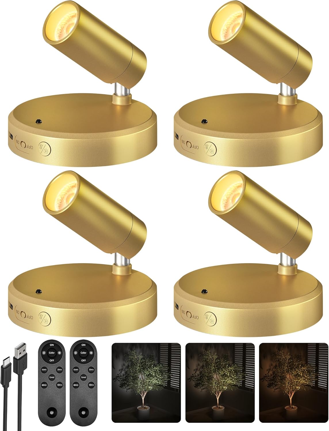 Wireless rechargeable picture light illuminating artwork on a wall, no cords visible