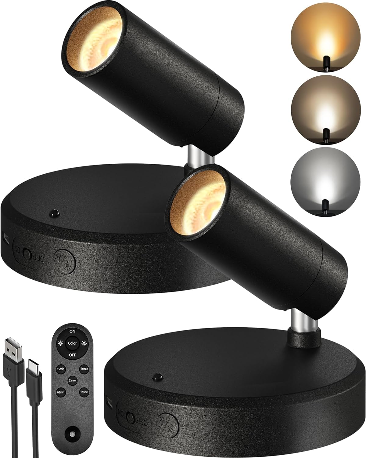 Wireless rechargeable picture light illuminating artwork on a wall, no cords visible