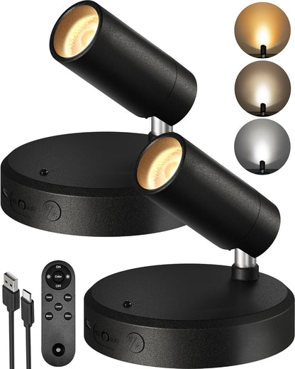 Wireless rechargeable picture light illuminating artwork on a wall, no cords visible