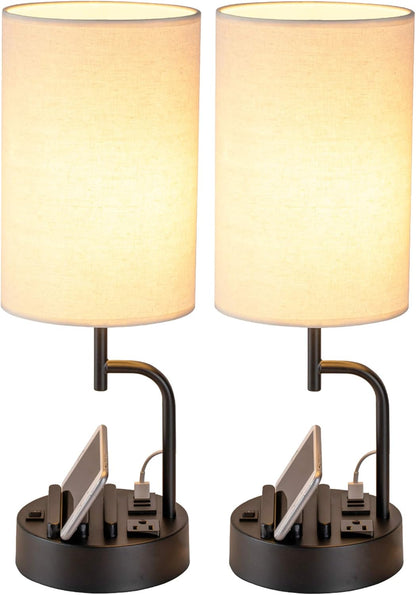 Modern nightstand with built-in charging station featuring USB ports and AC outlets for bedside organization