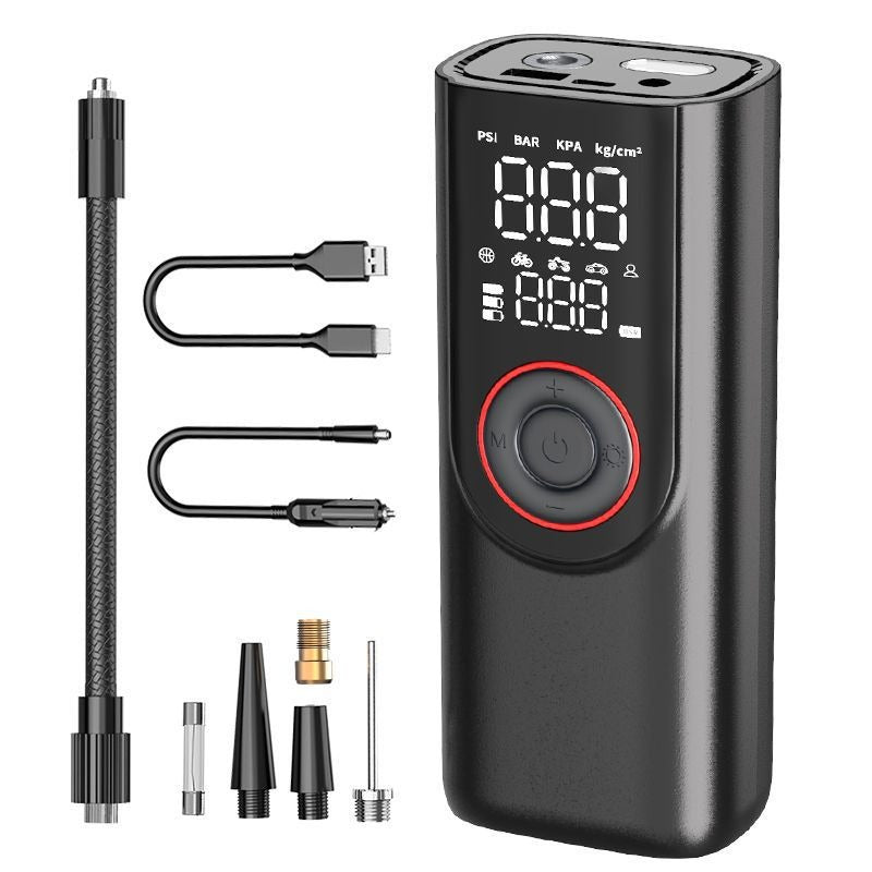Portable tire inflator with digital display and LED light for emergency roadside use