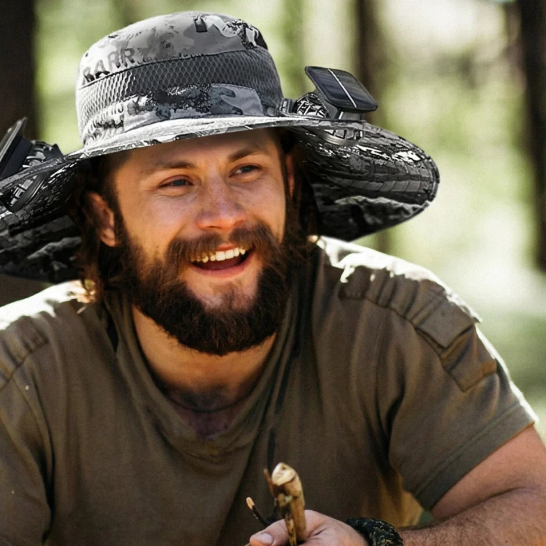 Solar powered fan hat with dual fans and wide brim for outdoor workers