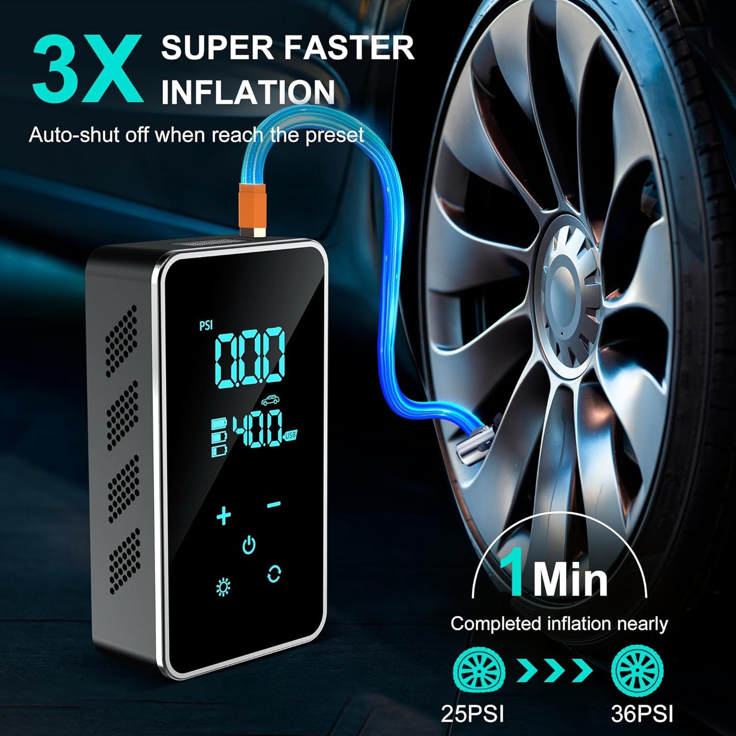 Cordless tire inflator with LED light for emergency roadside use