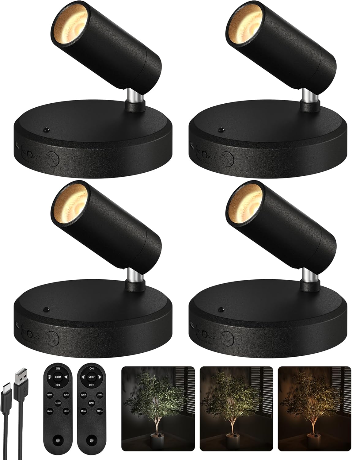 Wireless rechargeable picture light illuminating artwork on a wall, no cords visible
