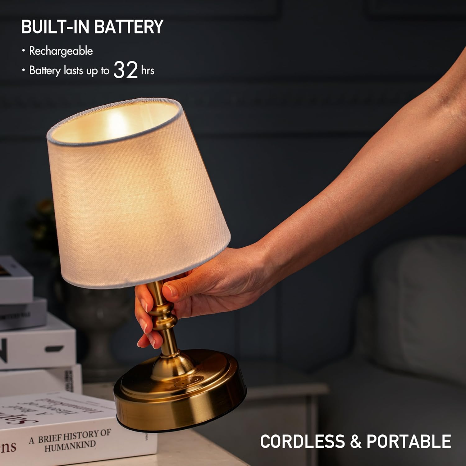 Cordless table lamp with rechargeable battery, portable for apartment dwellers