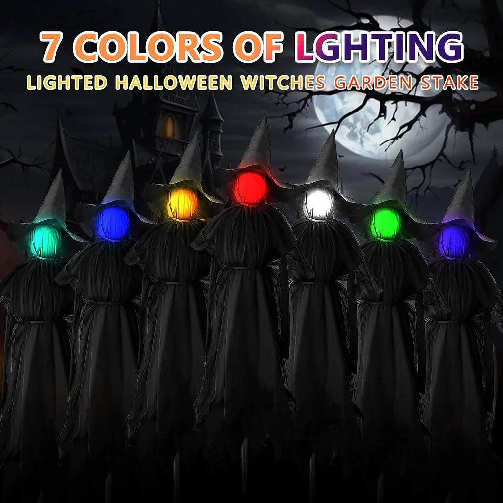 Life-size sound-activated screaming Halloween witches with glowing LED faces for yard display