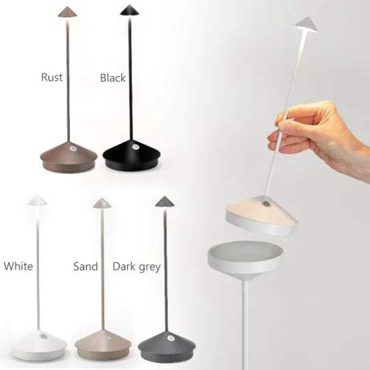 Cordless LED table lamp on a patio table for outdoor ambiance